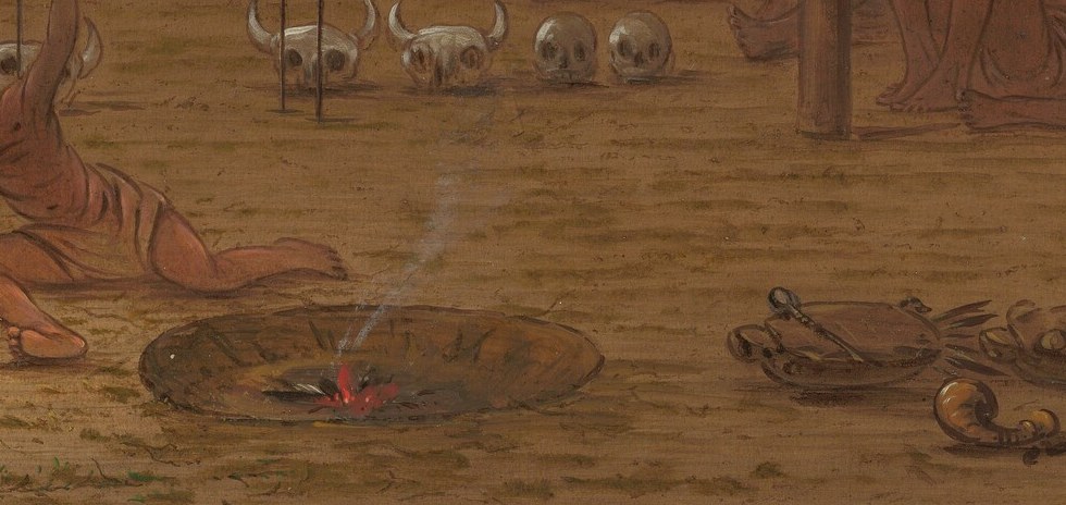 Around it, scattered animal skulls hint at sacrifice or reverence.