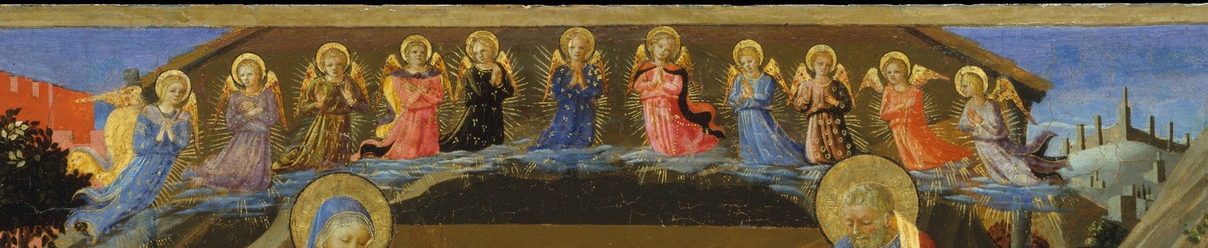 The tightly clustered, color-varied robes and joined hands animate a heavenly audience that frames the earthly drama below