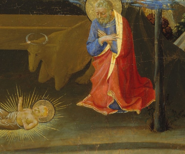 Mirroring Mary's posture across the infant creates a sacred parenthesis around the child; the figure's identity repays iconographic scrutiny