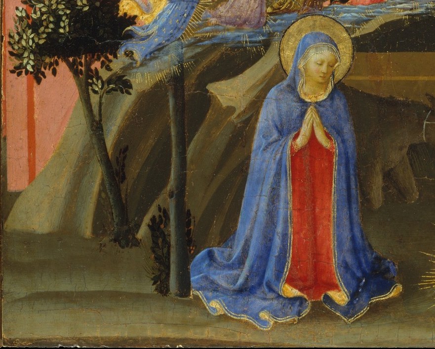 Her bowed head and hands folded in prayer create the painting's emotional axis , pure reverence rather than grief, distinguishing this Nativity from Passion imagery