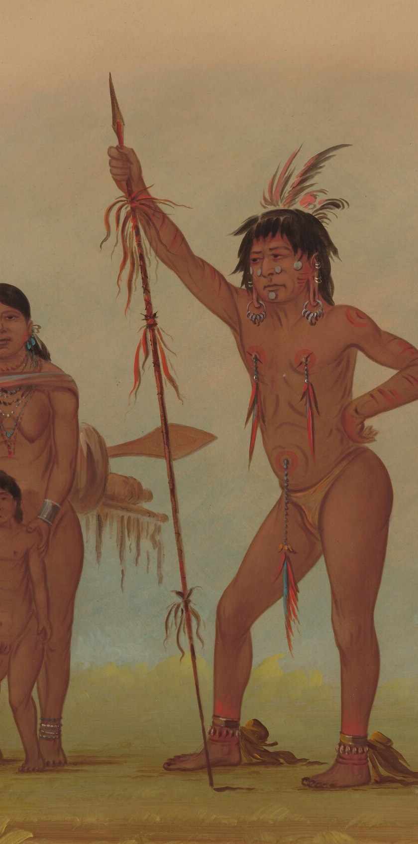 The man on the left holds a spear aloft, likely a hunting tool or ceremonial item.