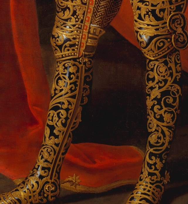 The same etching runs uninterrupted down his greaves.