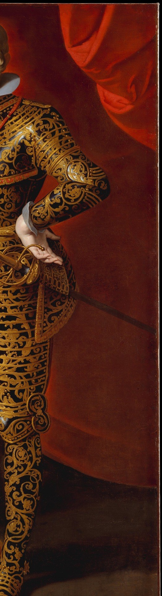 The saturated red drapery is the Baroque royal portrait's standard prestige signal , it pushes the armored figure forward, floods the right half with imperial warmth, and tells viewers instantly this is not a private man but a public sovereign.