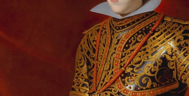 The stiff lace ruff floats the king's head like a platter, visually separating royalty from the hard metal below and encoding courtly refinement as a counterpoint to martial armor.