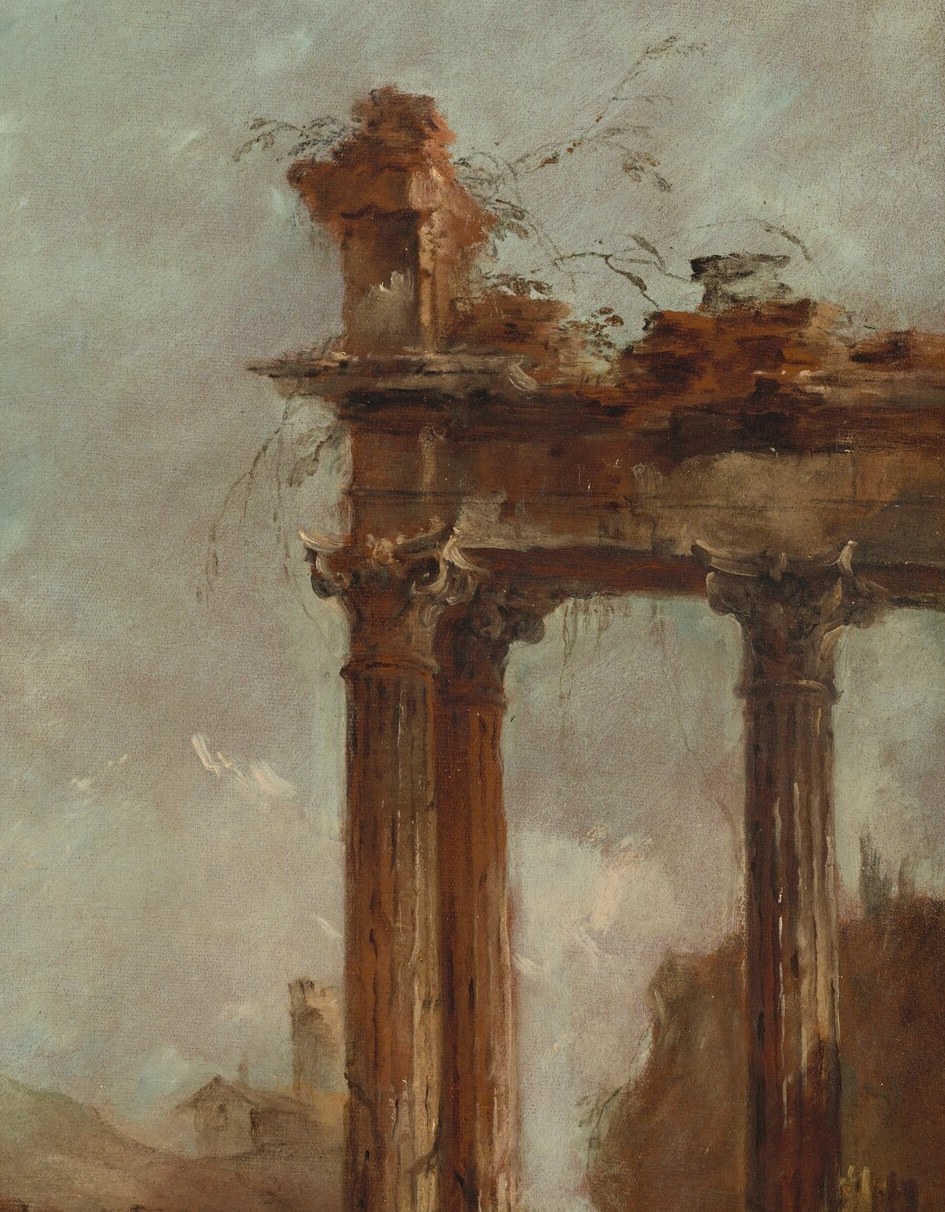 The painter invented these crumbling ruins and grand bridge.