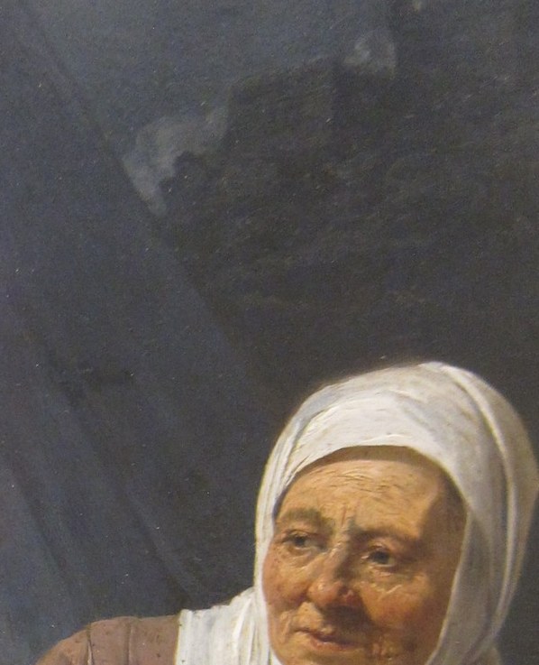 Deep wrinkles, anxious gaze over Judith's shoulder , a stark foil of age and fear against Judith's composed youth; the contrast carries the psychological drama.