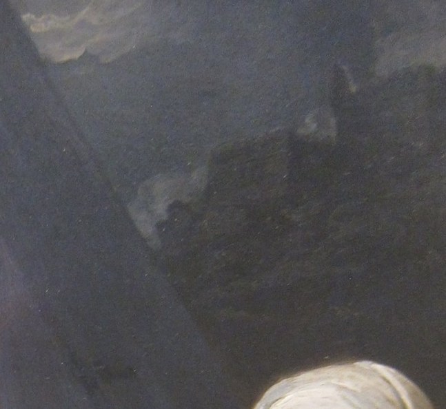 Painterly, loosely wound cloth contrasts with Judith's fitted lace , marks social class and haste, suggesting the servant dressed quickly for the mission.