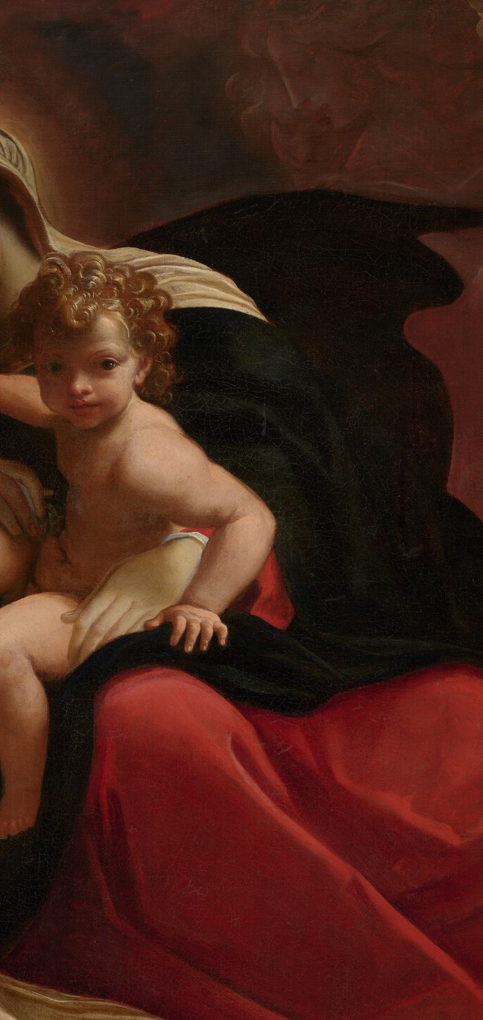 Iconographically unusual , dark or near-black wings distinguish this from standard guardian cherubs and may denote a seraph or specific angelic hierarchy; the contrast with the warm figures at center is striking.