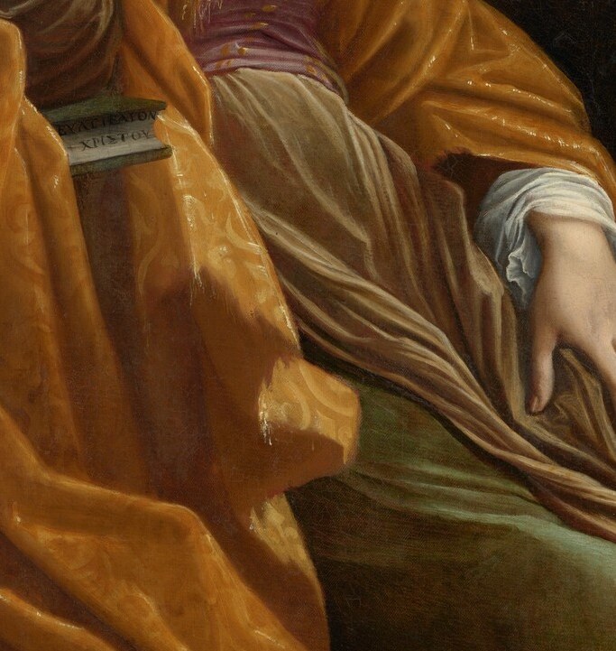 Her upward-tilted, heavy-lidded expression rides the edge between sleep, ecstasy, and death , the theological core of the entire image and the most emotionally legible passage.