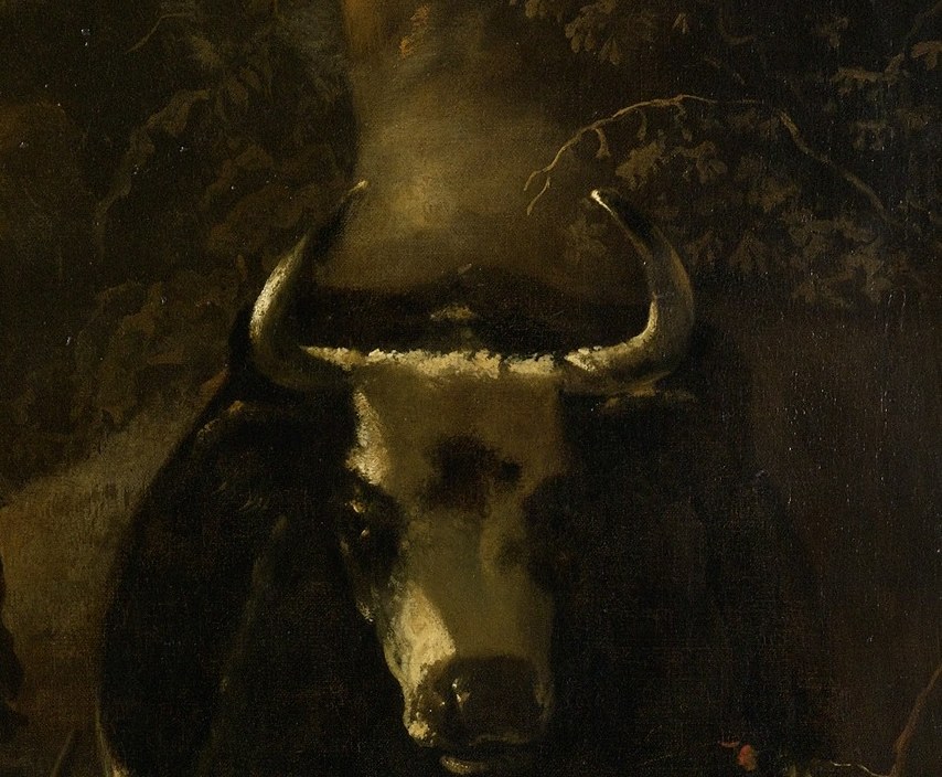 Its powerful form and dark coloring provide a strong contrast to the lighter elements, adding depth.