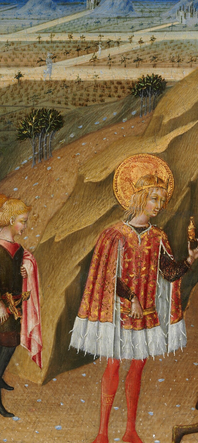 The most visually aggressive color note in the left half; in the three-ages reading this middle-aged king awaits his turn , the red is both royal and sacrificial
