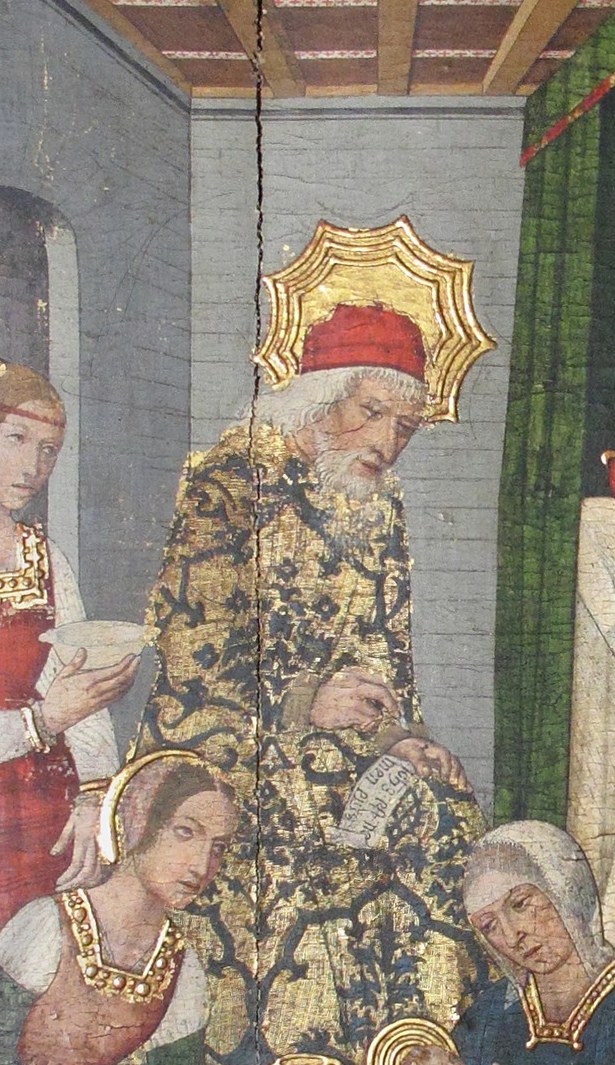 The most technically dazzling passage in the panel , intricate floral and foliate gold embroidery rendered in tempera demonstrates virtuoso brushwork that would reward extreme close-up.