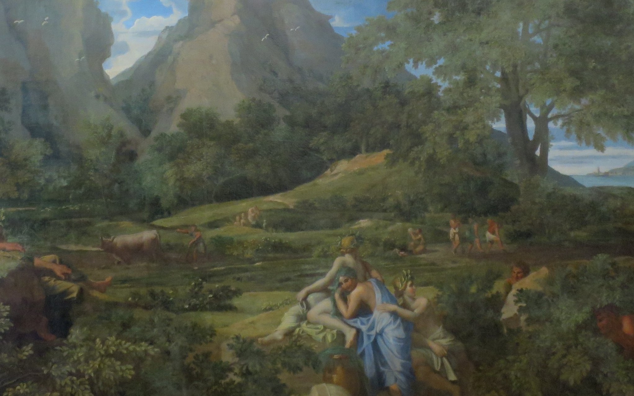 The idealized setting, conveying a sense of classical harmony and bucolic peace contrasting with the human drama.