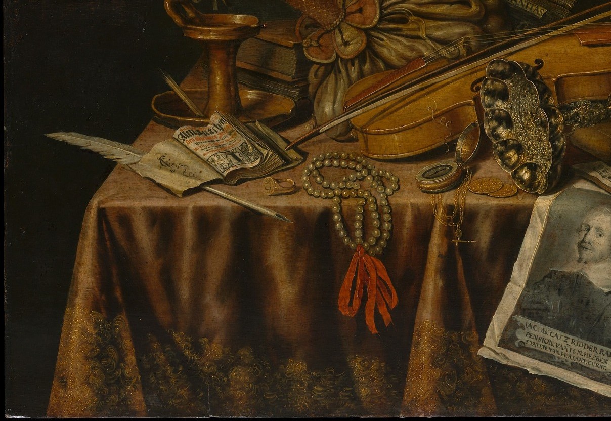 The deep folds of costly fabric catch raking light , a virtuoso passage of textile illusionism that anchors the table's luxury.