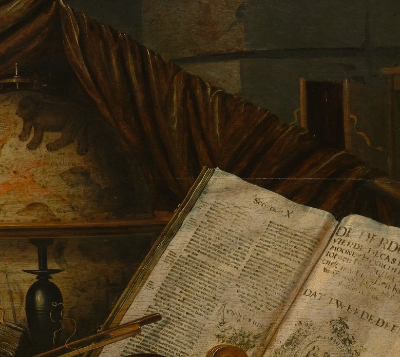 Legible printed pages signal scholarship; the illustrated frontispiece hints at a specific title that could be identified, rewarding close inspection.
