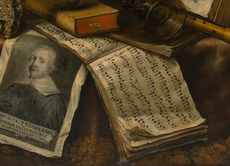 A monochrome engraved portrait , possibly of a scholar or statesman , resting face-up among the objects, a memento of human fame now merely lying flat.