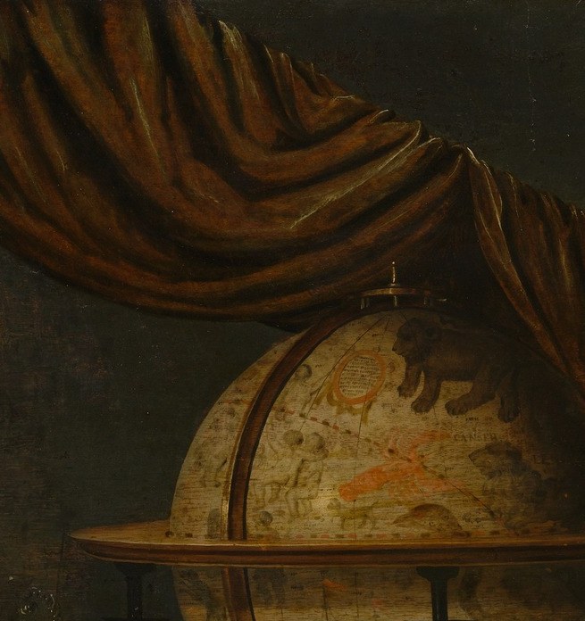 The globe is the painting's compositional anchor , worldly knowledge made round and finite, its cartographic detail visible even in this reproduction.