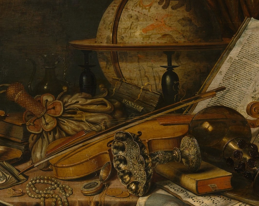 The instrument's diagonal cut across the composition creates visual dynamism; music as the most ephemeral of arts makes it the perfect vanitas symbol.