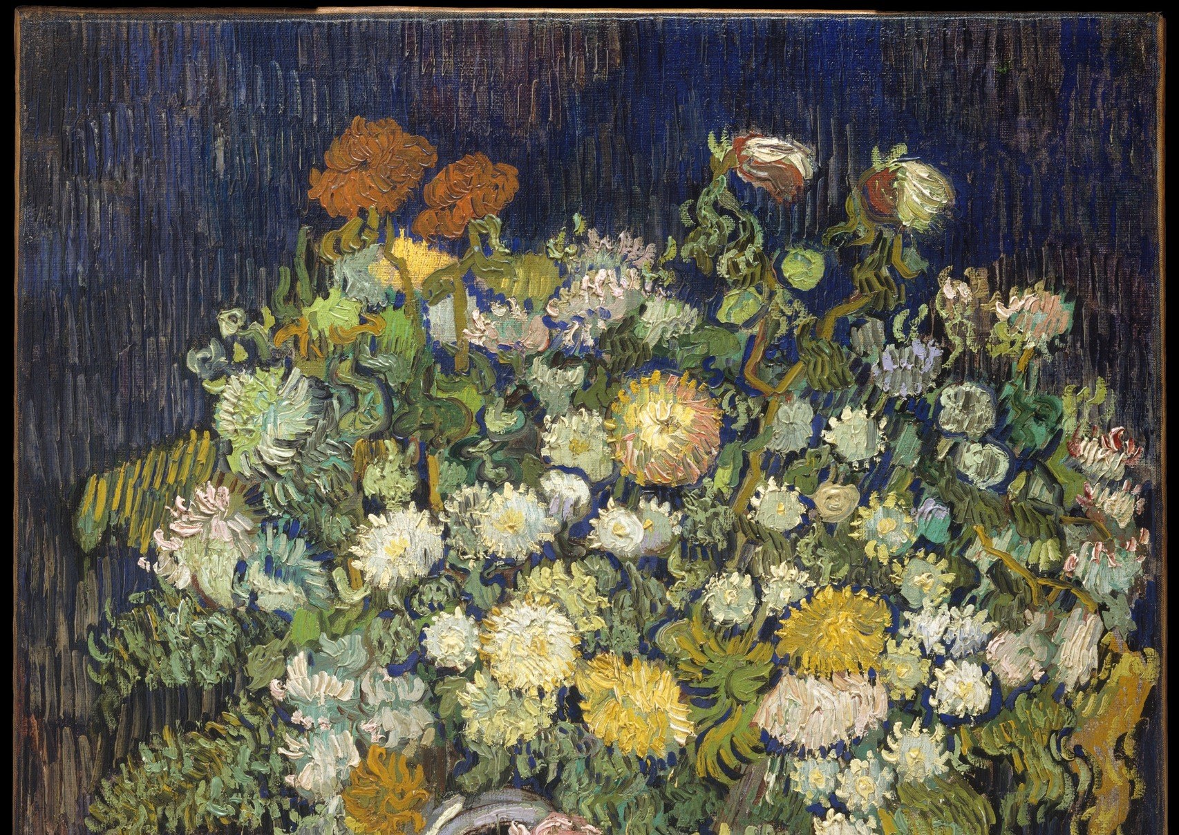 The directional hatching strokes do not follow the flowers , they have their own restless energy, treating the void as active rather than passive, a hallmark of Van Gogh's late style.