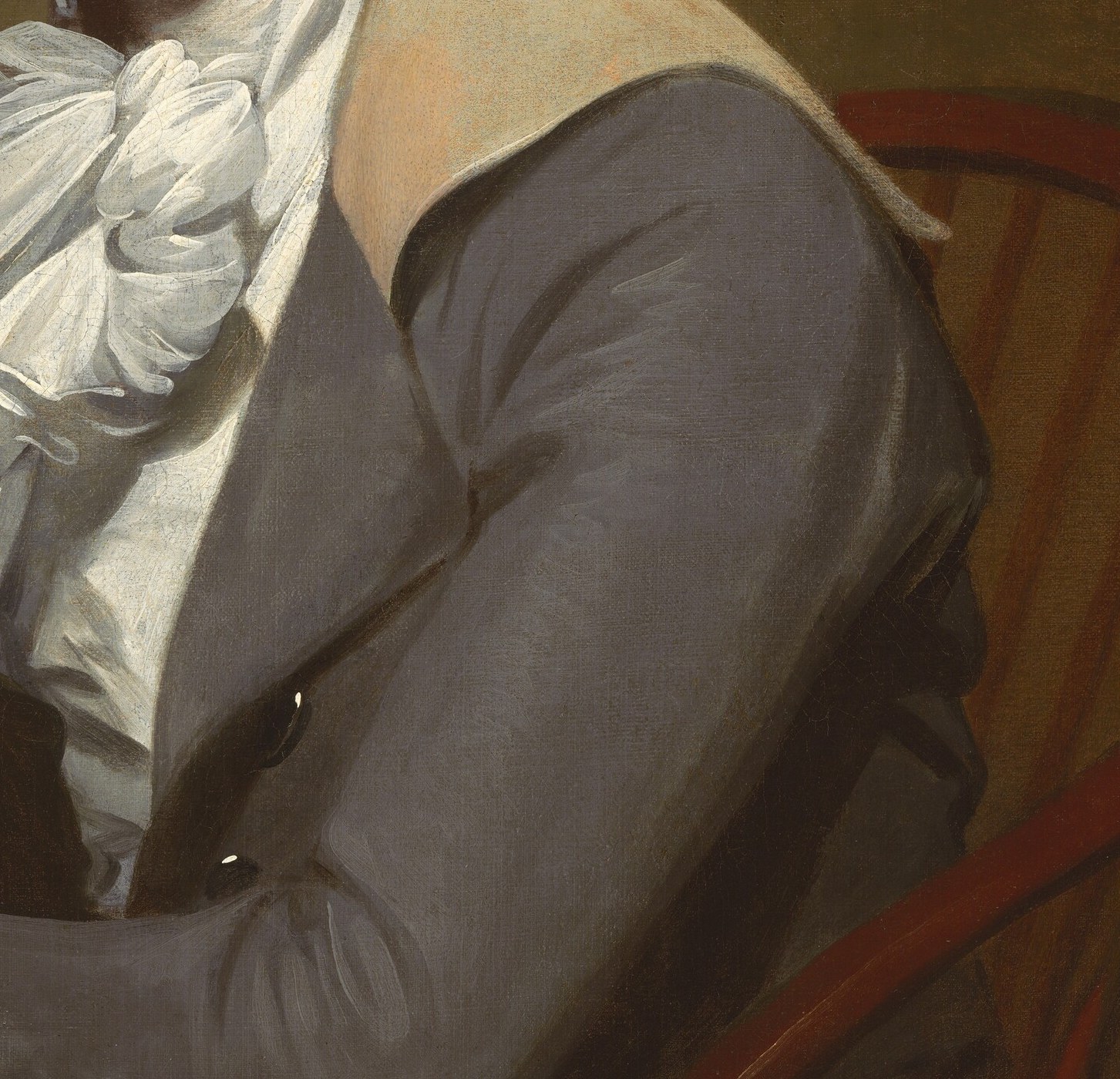 The smooth, dark fabric of the coat contrasts with the lighter elements, grounding the figure and emphasizing his formal attire.