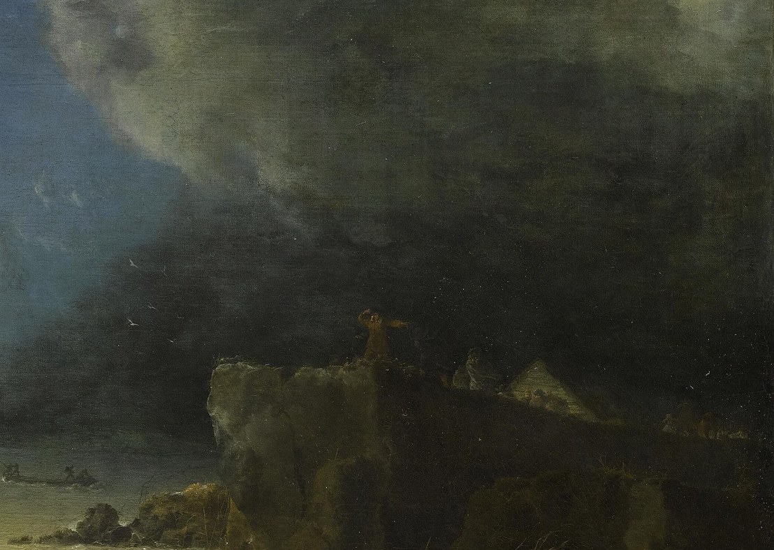 These dense clouds contribute to the oppressive atmosphere and the sense of an overwhelming natural force.