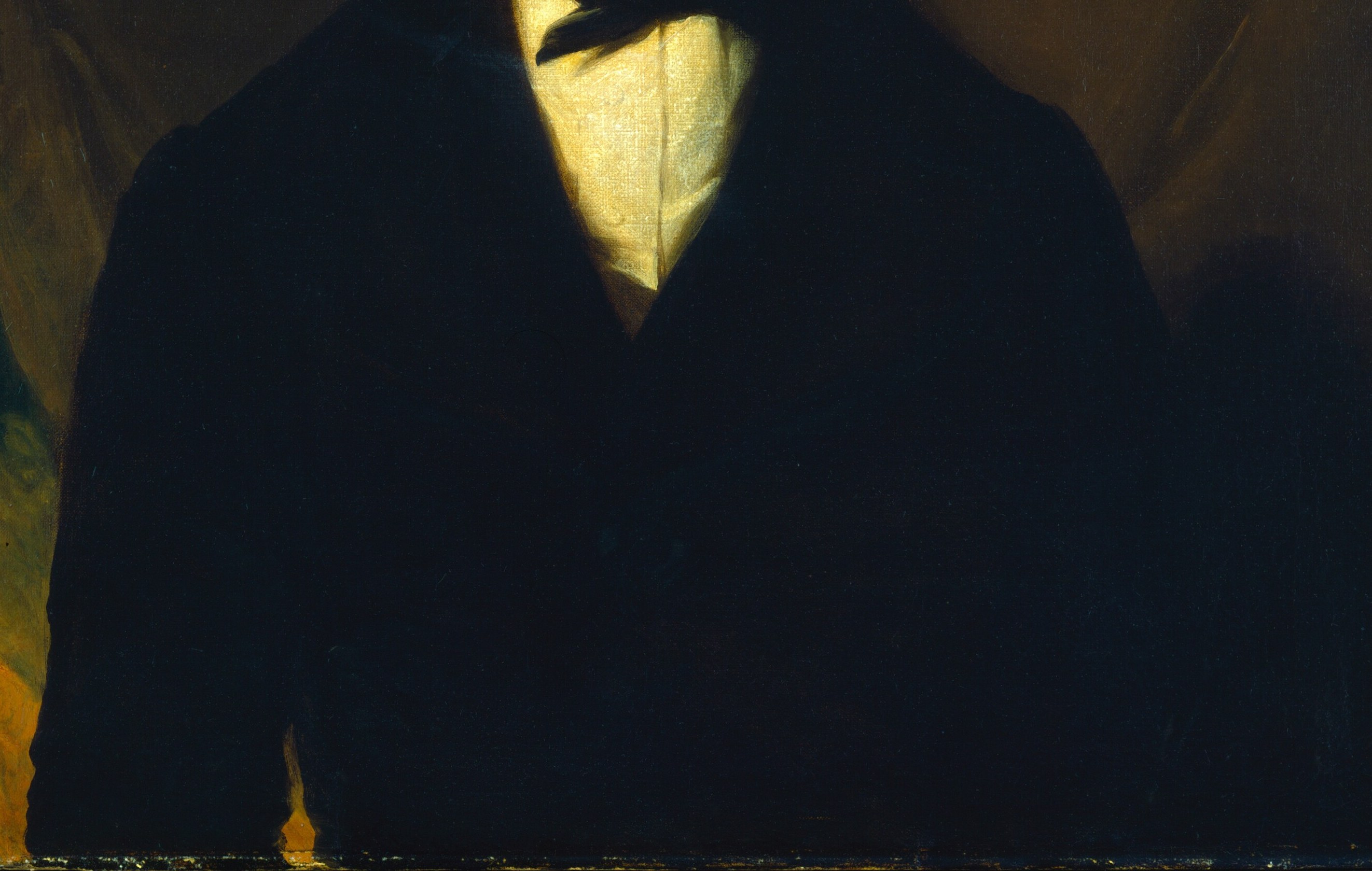 The sheer mass of near-black cloth anchors the composition and signals professional respectability; subtle highlight on the lapel shows the painter's deft touch.