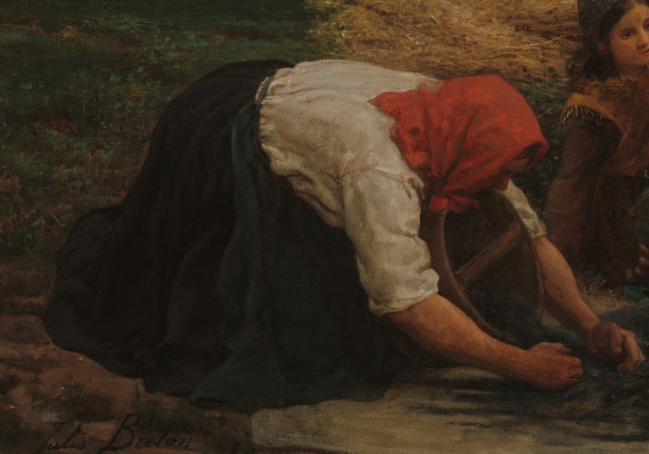 Her focused posture and bent head convey the arduous nature of the labor.