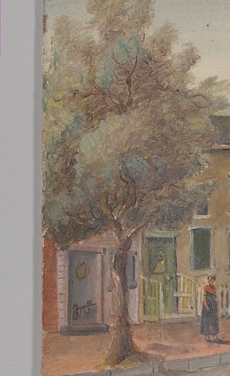 Typical 1870s Brooklyn wooden residential architecture with visible window shutters; establishes the domestic scale that the right building disrupts