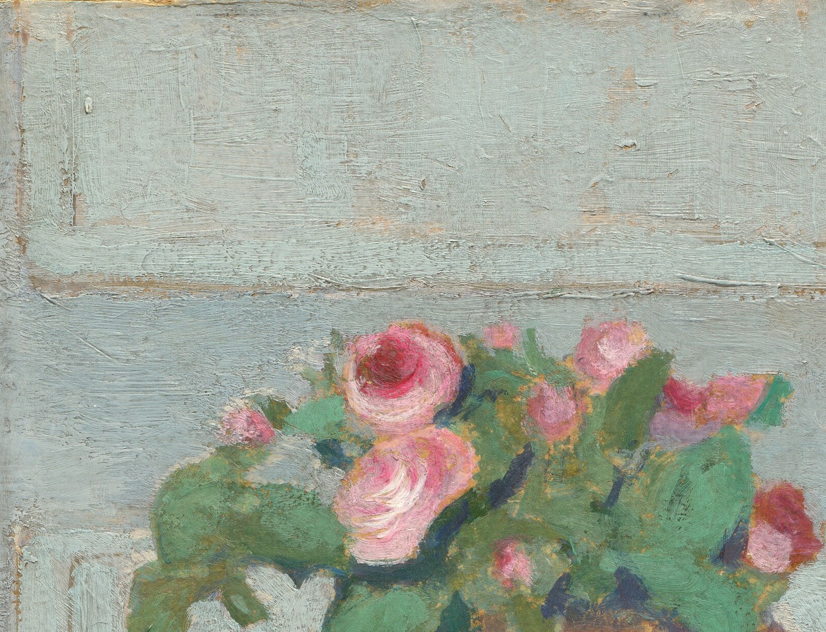 The world outside, in moss roses, meets the world within.
