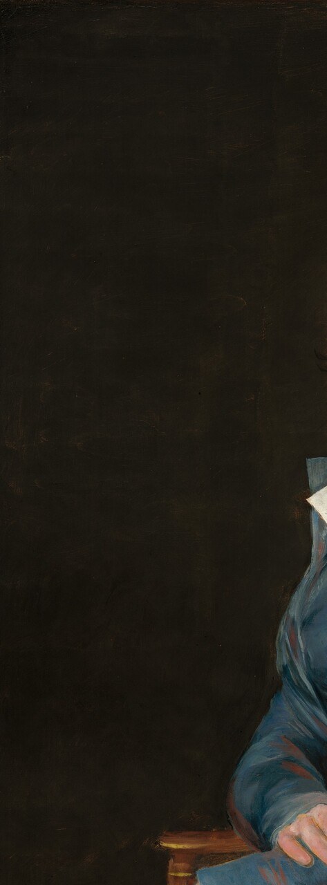 Goya's characteristically featureless void isolates the subject and concentrates psychological weight; nothing competes with her face