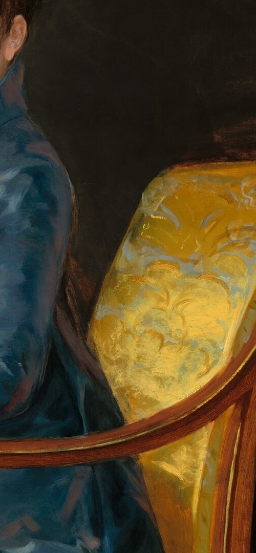 The intensely warm yellow brocade against the dark ground creates the composition's only colour counterpoint; the chair itself is a document of Napoleonic decorative style