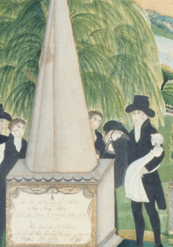 The two central figures in full mourning dress enact the core emotional moment , grief performed through posture and proximity to the grave site.