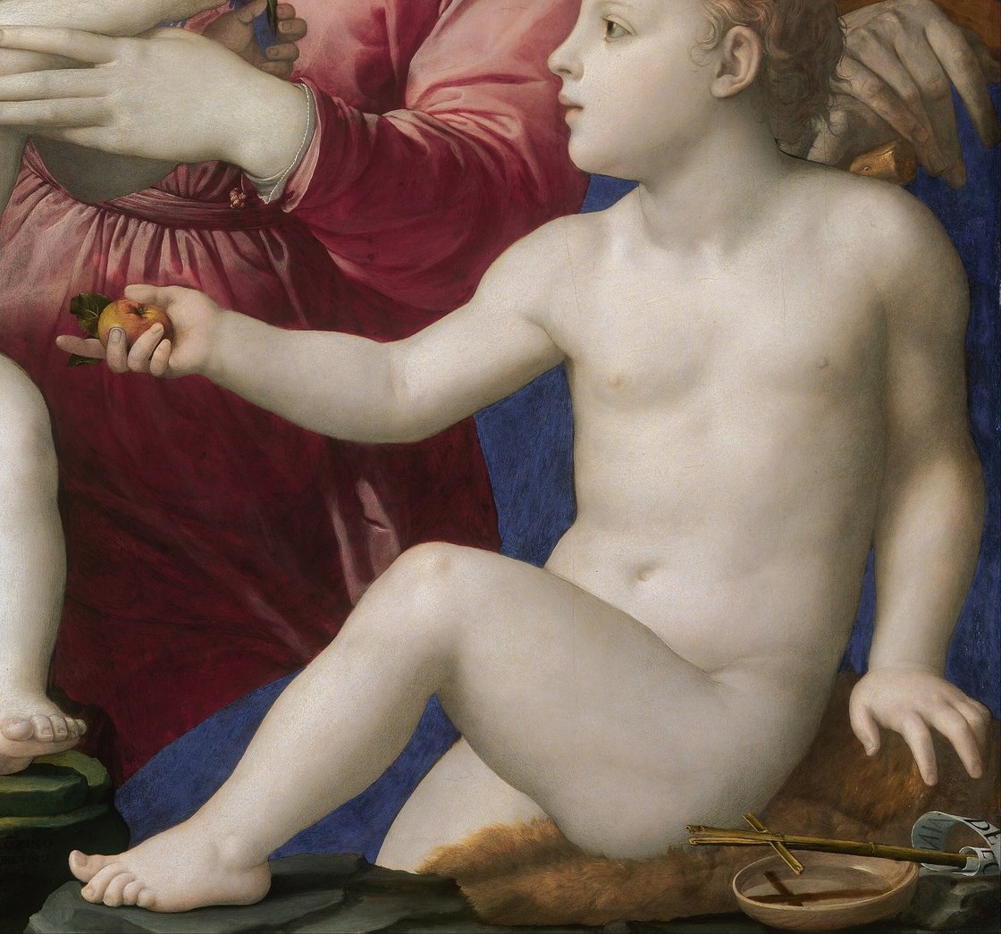 His idealized, smooth skin and relaxed pose highlight his divine nature.