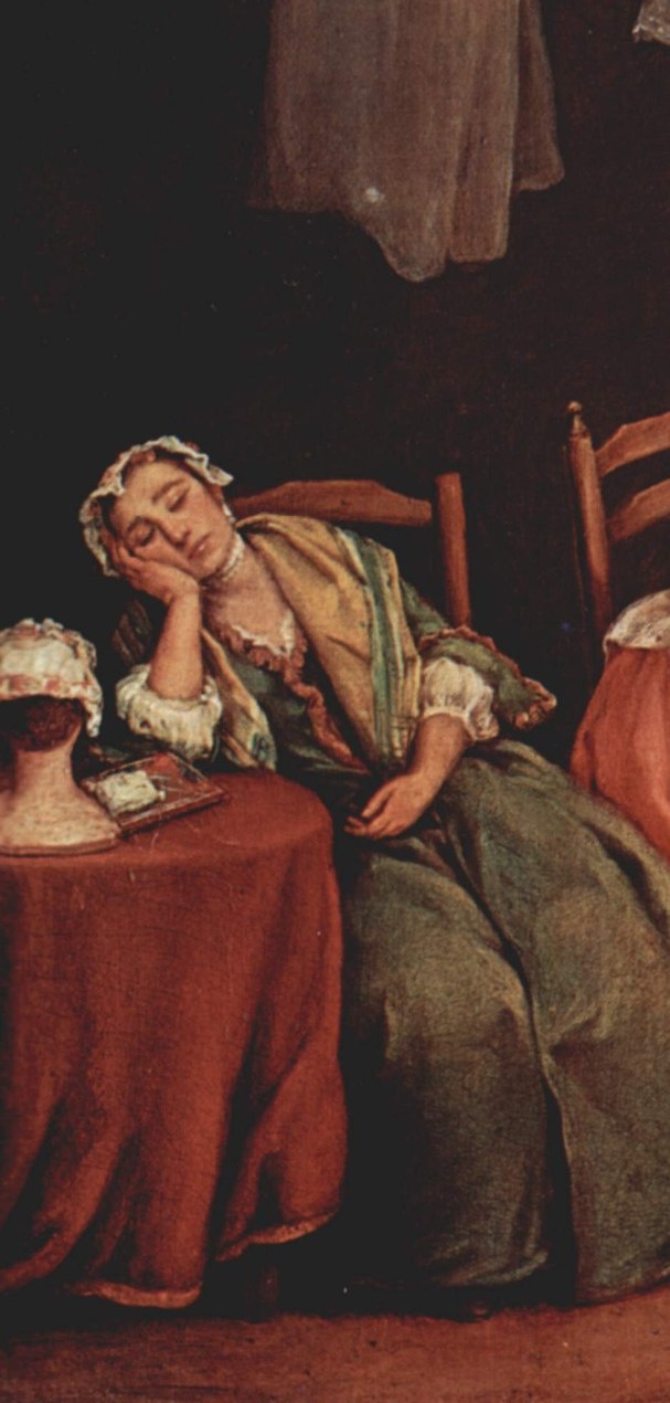 Her collapsed posture signals emotional distress or exhaustion , the painting's most viscerally affecting figure, a counterpoint to the quiet bustle around her.