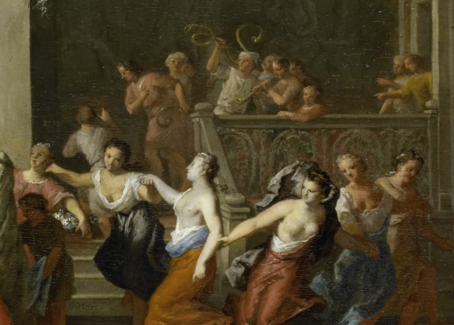 Their varied poses and expressions create a lively atmosphere of celebration and social hierarchy.