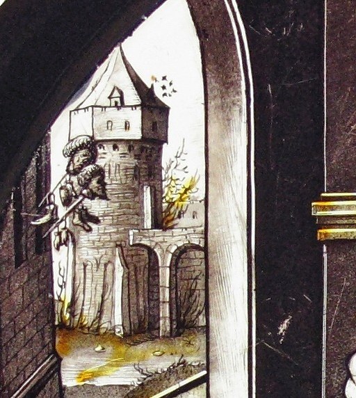 The distant castle represents worldly power and persecution.