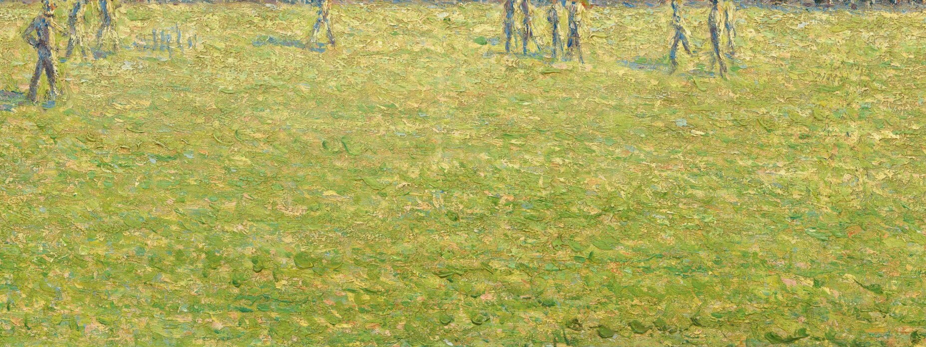 He is painting with tiny dots and dashes of pure color.