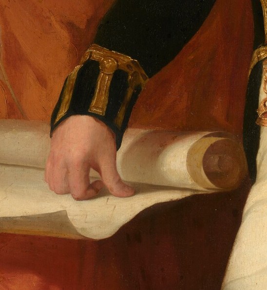 The rolled document hints at important naval orders.