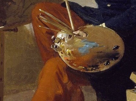 A tangible tool of the artist's trade, it highlights the practical aspect of painting and the vibrant colors used.