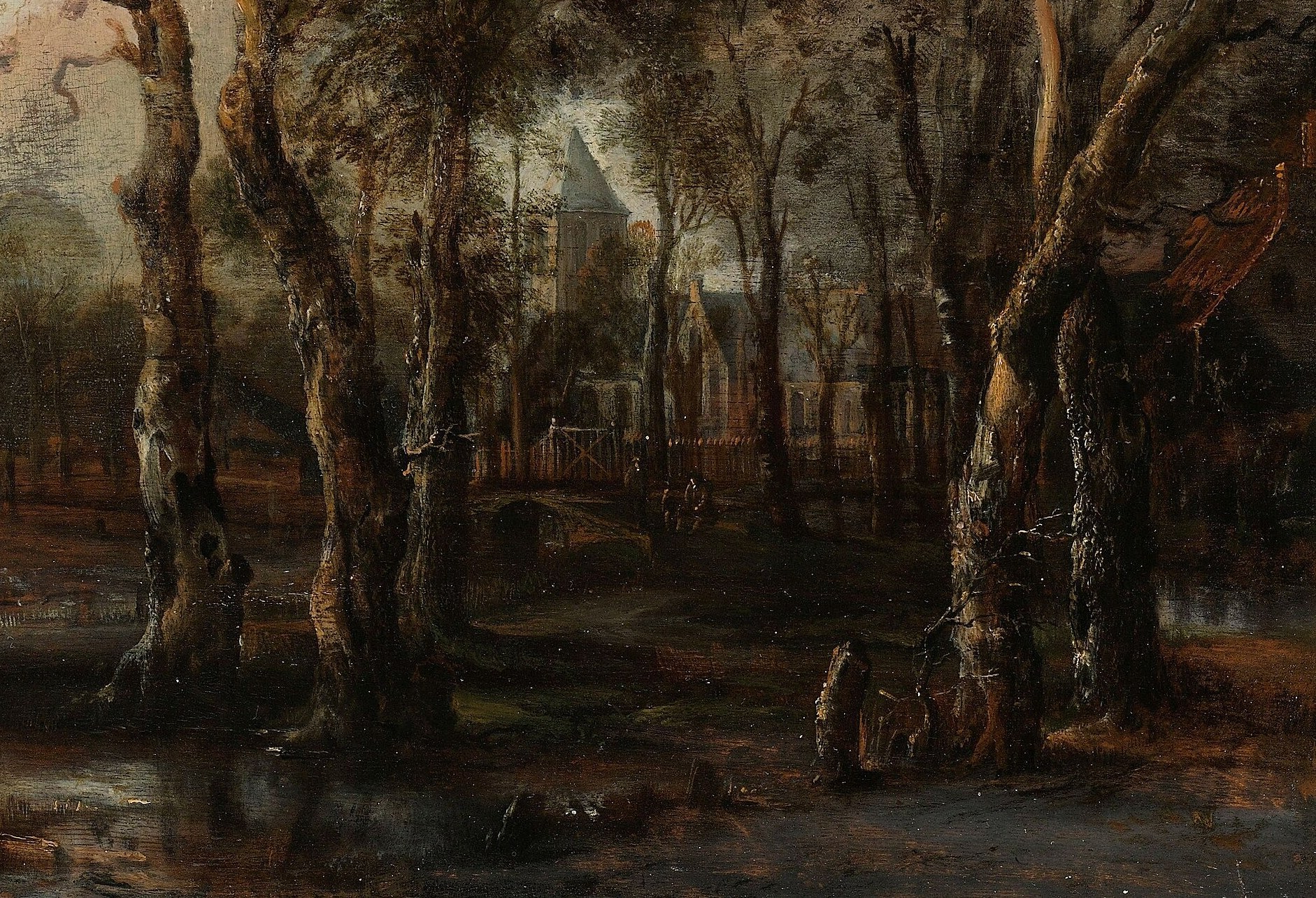 The dense, dark trees create a sense of mystery and enclosure, hinting at the unknown depths of the woods.