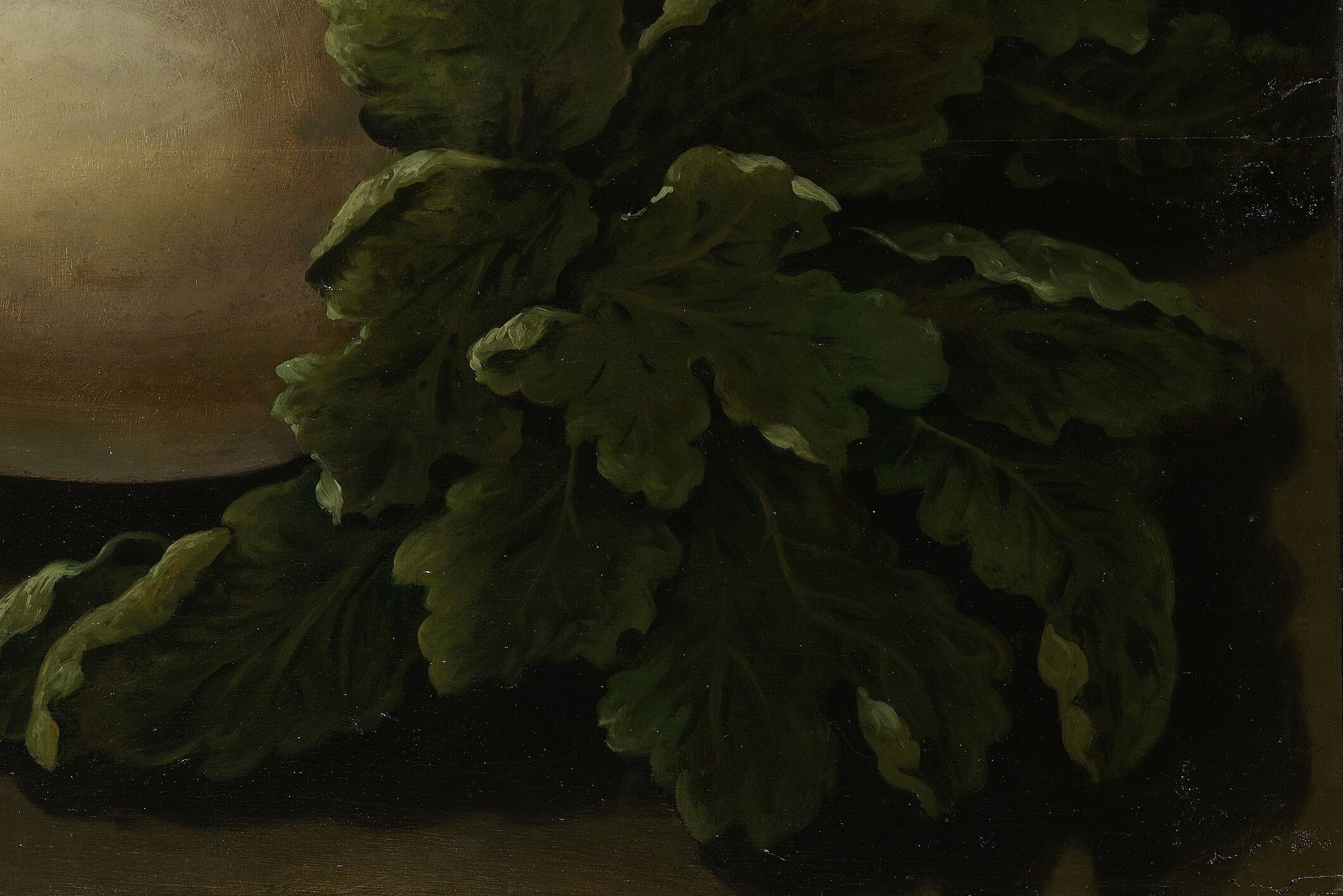 The deep, rich green of the leaves contrasts with the radish's pale flesh, showcasing the artist's mastery of color and light.