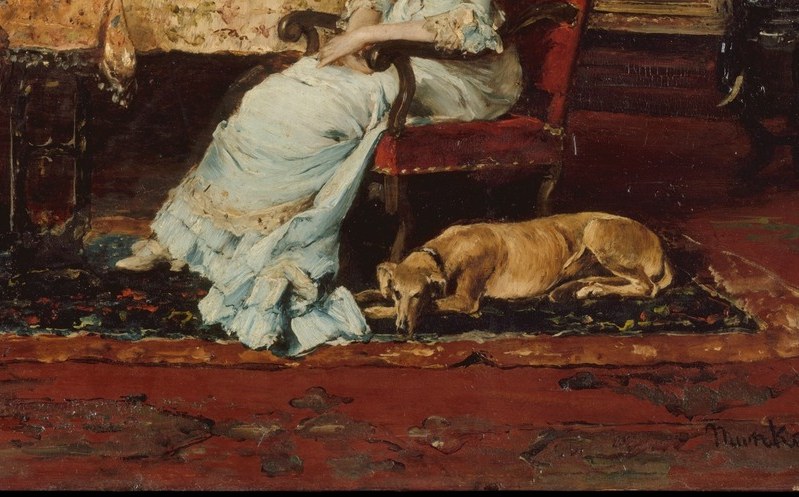 A hallmark of bourgeois genre painting, the relaxed animal signals domestic comfort and security; its warm coat rhymes with the floor tones.