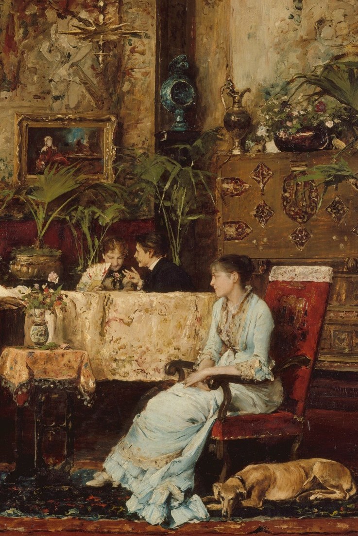 The blue dress is a rare chromatic note in an otherwise warm-brown palette; she appears to be holding or attending to a child, adding a maternal layer to the domestic scene.