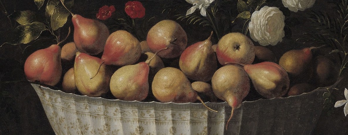 The artist rendered the fruit with a waxy sheen and delicate folds on the petals.