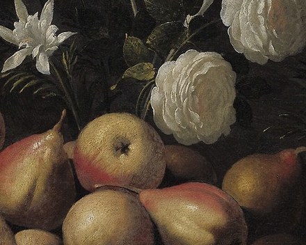 Notice the subtle shift of light across the ripe pears and white lilies.