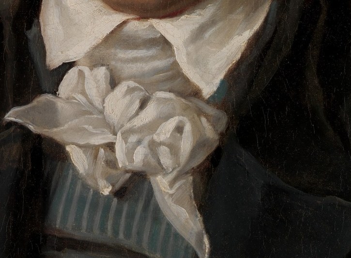 The elaborately tied cravat is a symbol of status and fashion of the era, rendered with delicate brushstrokes.