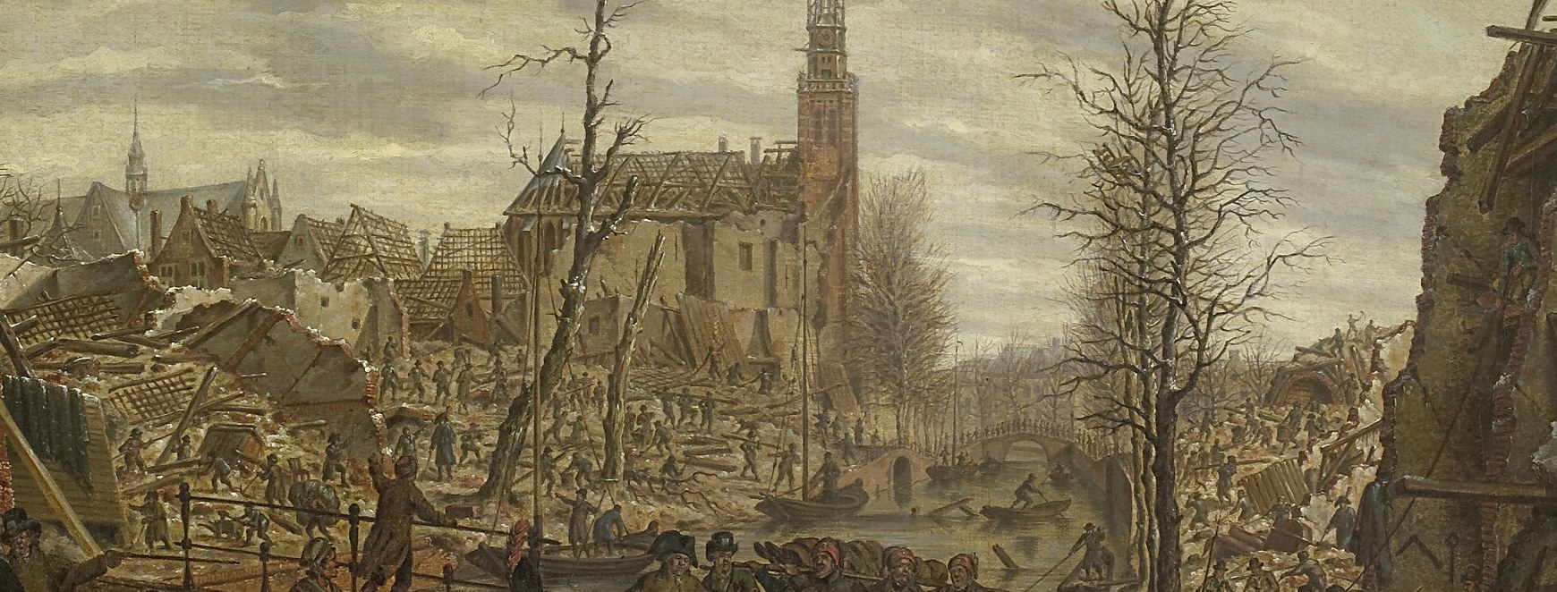 Illustrates the scale of destruction, with scattered building materials and remnants of daily life.