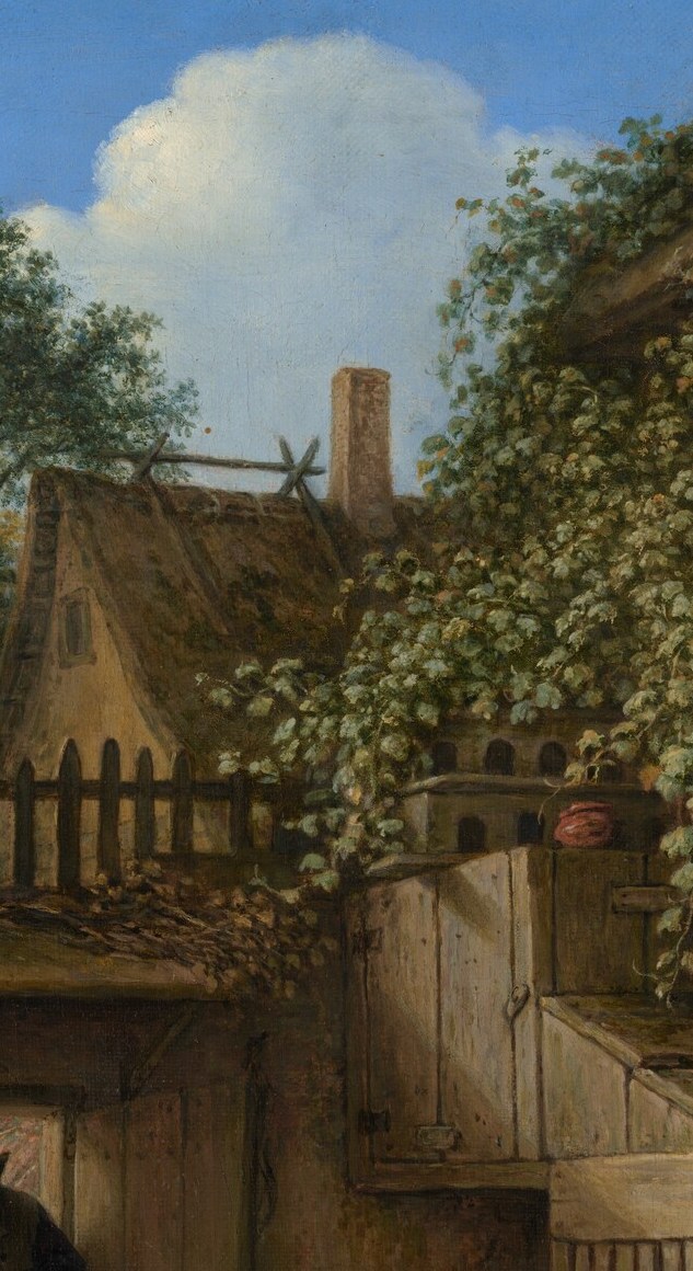 The vine softens the hard brick and anchors sky to earth; its organic sprawl against the masonry is one of Ostade's most freely painted passages , loose, confident brushwork.