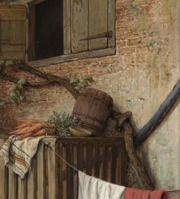 Brilliant whites against the shadowed wall create the painting's strongest tonal contrast; laundry was a conventional emblem of domestic virtue in 17th-century Netherlandish art.