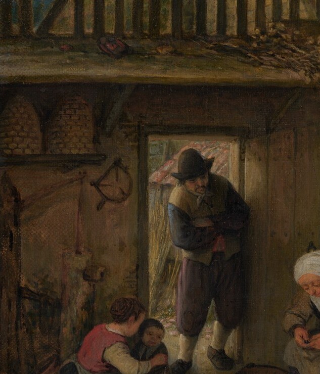 The anchor figure of the scene , her bent posture and busy hands convey the ceaseless labour of rural domestic life; a slow push-in reveals her aged face in shadow.